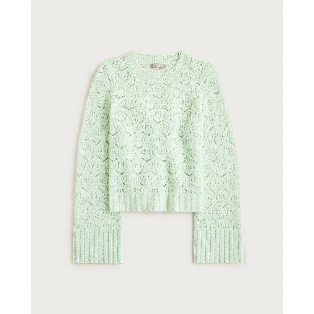 NEW J. Crew Women Supersoft Pointelle Wool Wide Sleeve Sweater Jade Green M NWT